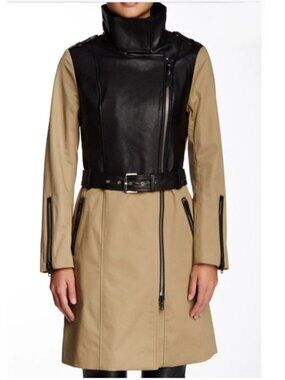 Share Mackage Women's M Tan Black Cotton Lambskin Leather Belted Moto Trench Coa